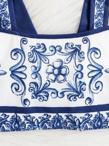 2pcs/Set Infant&Baby GirlBlue & White Porcelain Print Camisole Top & High Waist Mid-Length Skirt Outfit, Spring/Summer