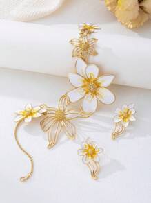 Conjunto de 3 peças de colar e brincos com pingente de flor esmaltada elegante, adequado para mulheres como uso diário ou presente de feriado