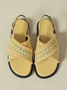 Thick Sole Women's Strap Buckle Sandals, Coffee Brown Retro Vacation Bohemian Open Toe, Comfortable Spring/Autumn/Summer New Wedge Flat Breathable Non-Fatiguing Fashion Outdoor Beach Woven Casual Shoes, 2026 Spring/Autumn Strap Roman Sandals, Plus Size Women Shoes Size 41-43 - Yellow - View 6
