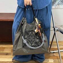 Vintage Floral Embroidered Nylon Handbag For Women - Large Capacity Lightweight Foldable Handbag With Adjustable Shoulder Straps, Deep Gray/Black, Perfect For Commuting, Travel, Beach & Holiday Gifts, Travel Handbag, Decorative Embroidery, No Lining Interior,Large-Capacity Handbags, Commuter Bags