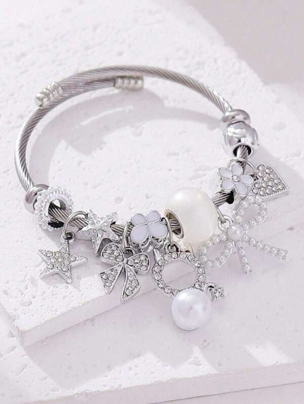 1 pieza Elegante pulsera de acero inoxidable con dije de gato adornado con cristales de Rhinestone y perlas falsas, apropiada para ocasiones formales, fiestas y regalo del día de San Valentín para mujeres