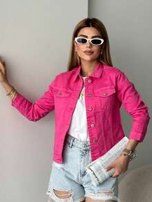 Women's Solid Color Casual Front Button Frayed Trim Denim Jacket - Pink - View 4