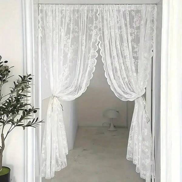2pc European-Style Embroidered Semi-Transparent Plant Pattern Lace Window Screen Curtain, Home Decoration