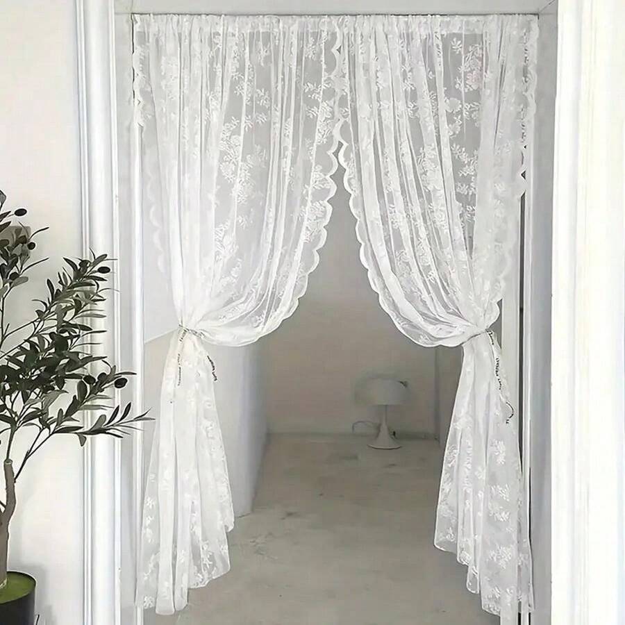 2pc European-Style Embroidered Semi-Transparent Plant Pattern Lace Window Screen Curtain, Home Decoration - White - View 1