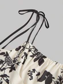 Y2K Floral Print Midi Dress For Women, Off Shoulder Design, Tie Up Straps, A-Line Silhouette, Polyester, Machine Washable - Perfect For Summer - màu đen - Xem 3