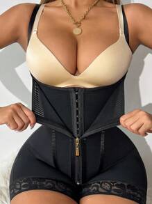 1 Stück figurformender Bodysuit mit hoher Taille, Spitzendetails, Reißverschluss, Po-Lift und Büstenunterstützung - elegante Mischung aus Nylon/Elastan, Bauch
