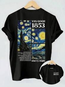 Blusa de verano informal con camiseta tributo a la pintura "La noche estrellada" de Van Gogh y estampado de números 1853, blusa de primavera y verano cómoda, de cuello redondo y mangas cortas, camiseta gráfica para mujeres
