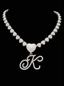 1pc Women's Letter Pendant Necklace With 20-Inch Fully Diamond Heart Necklace, Fashionable Retro Hip Hop Pendant Necklace, Elegant Valentine's Day Gift Suitable For Women And Girls For Daily Wear Or Parties