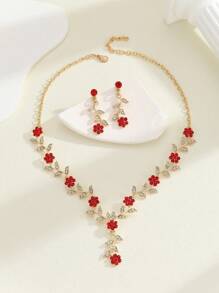 Conjunto de 3 piezas de aretes y collar de novia vintage con incrustaciones de con diseño de flor de ciruelo