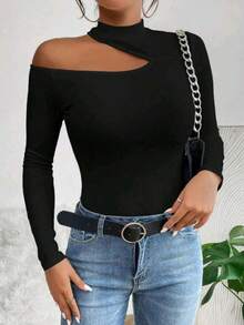 Women's T-Shirt Blouse Suplex Fabric Long Sleeve High Neck Asymmetrical Cut Ideal For Meetings And Casual Use - màu đen - Xem 6