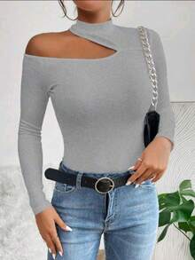Women's T-Shirt Blouse Suplex Fabric Long Sleeve High Neck Asymmetrical Cut Ideal For Meetings And Casual Use - 灰色 - 查看 4