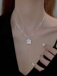 1 件时尚欧美镀铜猫眼石心形花朵吊坠项链，女士花卉颈链首饰 - 銀色 - 查看 2