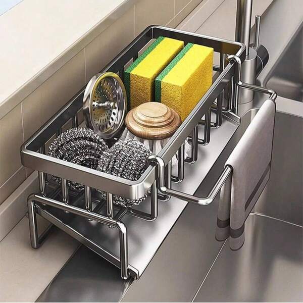 1 Estante multiusos para el fregadero, con soporte para esponja, estropajo y utensilios de cocina, almacenamiento de paños de lavado y bola de alambre de acero al carbono para el fregadero. Estante de acero al carbono mejorado para colgar en el fregadero y mantener limpio.