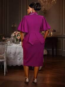 Purple Easter Dress Elegant Midi Dress Short Puff Sleeve Turn Down Collar Hot Drill Peplum Hide Belly Spring Outfits For Women