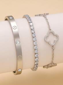 Pulsera de acero inoxidable con trébol de cuatro hojas de circonita en estilo retro personalizado, joyería de uso diario para mujeres