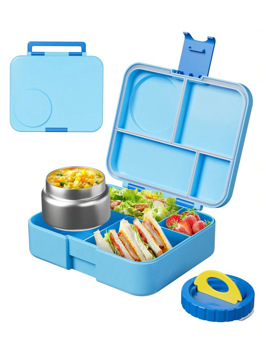 Meoky Bento Lunch Box with 9oz Soup Thermo – Leakproof 4-Compartment Food Container with Insulated Hot Food Jar, Ideal for School, Office, Travel, and Picnics - 藍色 - 查看 1