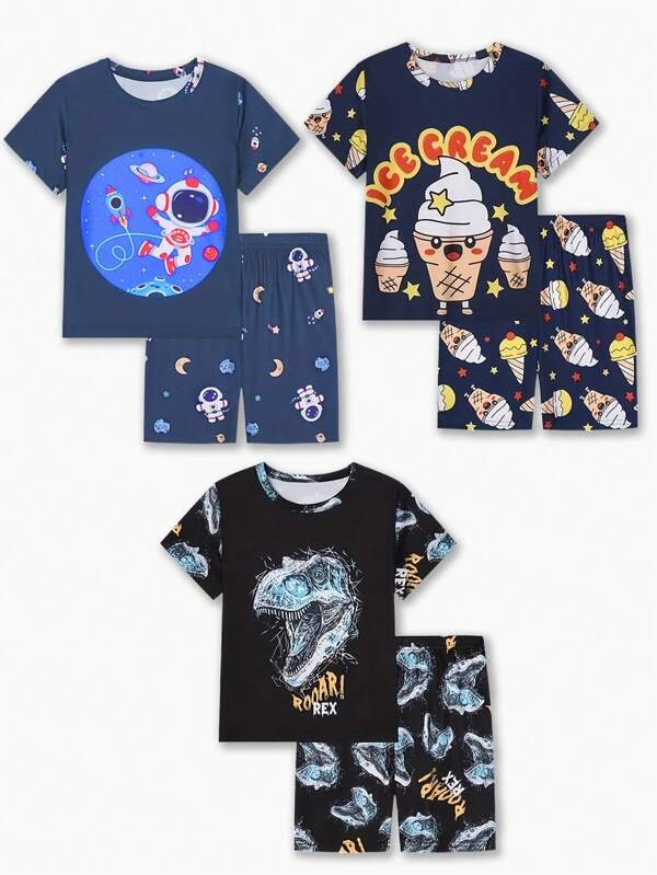 3 sets, 6 piezas/set Pijama de camiseta de manga corta y pantalón corto con estampado de dibujos animados para niños, ropa de dormir informal