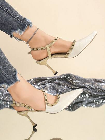 Women's Contrast Color High Heel Sandals With Rivet Decor, Pointed Toe Slingback Heeled Shoes, Elegant Stiletto Heels For Dress, Cheongsam, Party, Summer