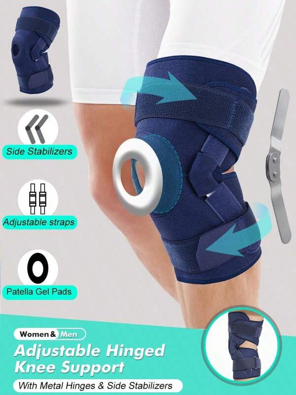 1 PC- Open Adjustable Hinge Knee Pad, Two Fixed Straps, Double- Sided Hinges& Silicone Gasket- Stable Knee Brace For Men& Women, Knee Stable Support For Running, Fitness, Exercise, Workout- Blue