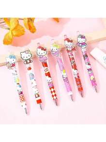 Sanrio 6pcs Sanrio Cute Kitty Design Acrylic Press Ballpoint Pen, Fancy Cartoon Shaped Neutral Pen, School Supplies, Back To School