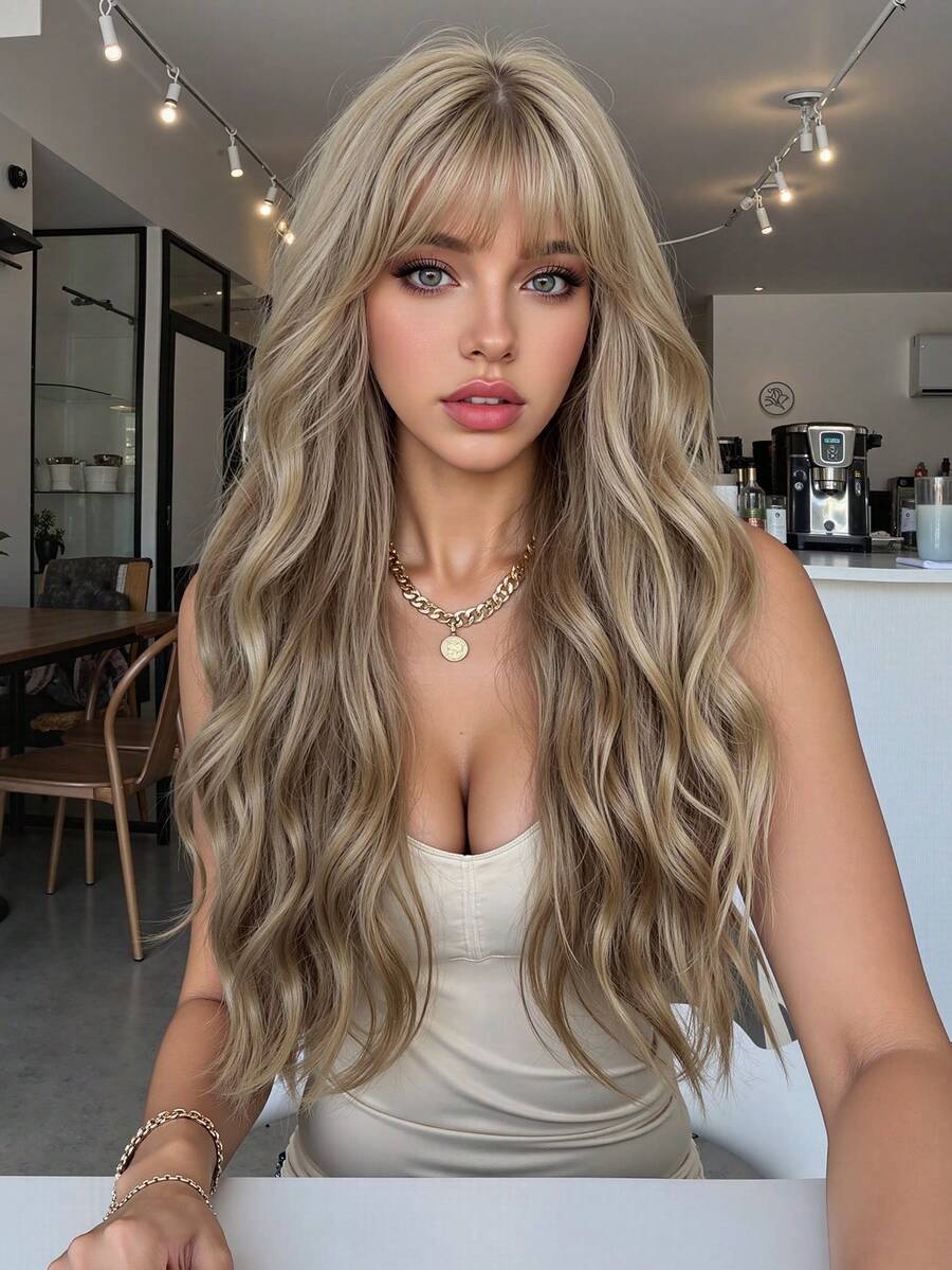 24 英寸长黑棕色波浪假发，女士黑色卷发，带空气刘海，水波假发，合成耐热纤维假发，适合日常派对使用