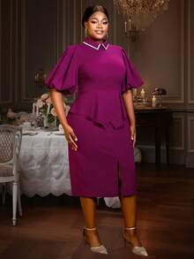 Purple Easter Dress Elegant Midi Dress Short Puff Sleeve Turn Down Collar Hot Drill Peplum Hide Belly Spring Outfits For Women