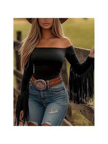 Women's Western Cowgirl Off-Shoulder Fringe Top, Sexy Slim Fitted Long Sleeve Tassel Blouse - màu đen - Xem 1
