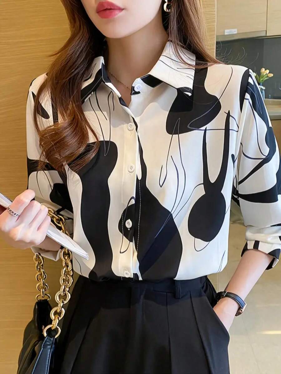 Áo sơ mi công sở in họa tiết thanh lịch dành cho nữ mùa xuân, hè và thu - Áo sơ mi dài tay - Đen và trắng - Xem 1