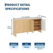 Fluted Sideboard Buffet Cabinet, 58" Large Storage Buffet Cabinet With 4 Doors & Adjustable Shelve, Wood Coffee Bar Console Table For Kitchen Dining Living Room - Natural Oak - View 3