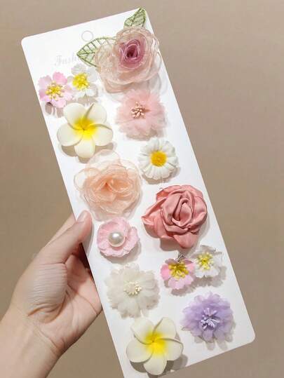 10件套女孩仿真花朵夏季度假配饰，随机颜色大丽花发夹和发卡，帽子发饰，夏季配饰，旅行，爪夹，发卡，发爪，女士度假装扮，发饰