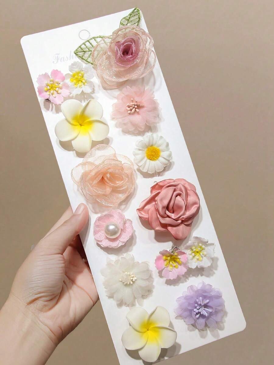 10pcs/Pack Girls' Faux Flower Summer Holiday Accessories, Random Color Plumeria Flower Hair Clips, Hair Pins, Hair Decorations - Multicolor - View 1