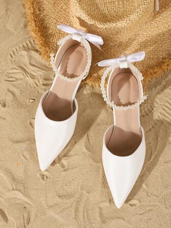 Höst/vinter Nya Mode Dam Pärldekor Spetsiga Tå Mary Jane Casual Platta Skor, Vita Ihåliga Rosettdesign