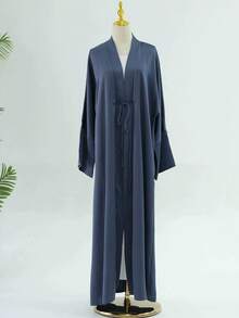 1pc Classic Solid Color Long Sleeve Robe, Elegant, Casual, Lightweight, Fine Fabric Construction, Sophisticated, Fashion, Open-Front Abaya - Abaya - View 9