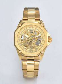 LONGLUX 1pc Men's Hollow Mechanical Wrist Watch, Casual Steel Band Waterproof Watch