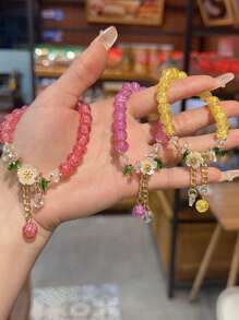 3 PiecesBoho Floral Beaded Bracelet Set: 5 - Color Crackle Glass Beads With Camellia Flower Charms, Gold - Tone Accents, Perfect For Summer Stacking, Festival Jewelry & Bohemian Style Lovers
