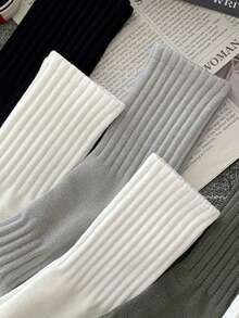 3 双多色纯色袜子套装，女士休闲运动加厚中筒袜，适合秋冬季