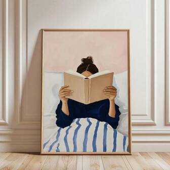 1 Pieza, Arte de Pared, Póster Vintage, Impresión de Mujer Leyendo en la Cama, Imagen con Rayas Azules y Fondo Rosa, Decoración de Sala de Estar, Decoración de Dormitorio Estética, Regalo de Inauguración de Casa, Regalo para Amantes de los Libros, Sin Marco