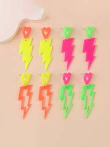 1pc Neon Color Block Acrylic Hollow Lightning & Heart Shaped Stud Earrings, Exaggerated Earrings
