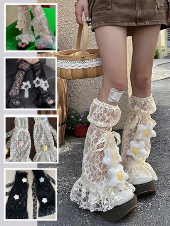 Y2K Lita 甜美女孩腿袜套装 - 蕾丝拼布 + 丝带设计，薄款过膝星星装饰腿套