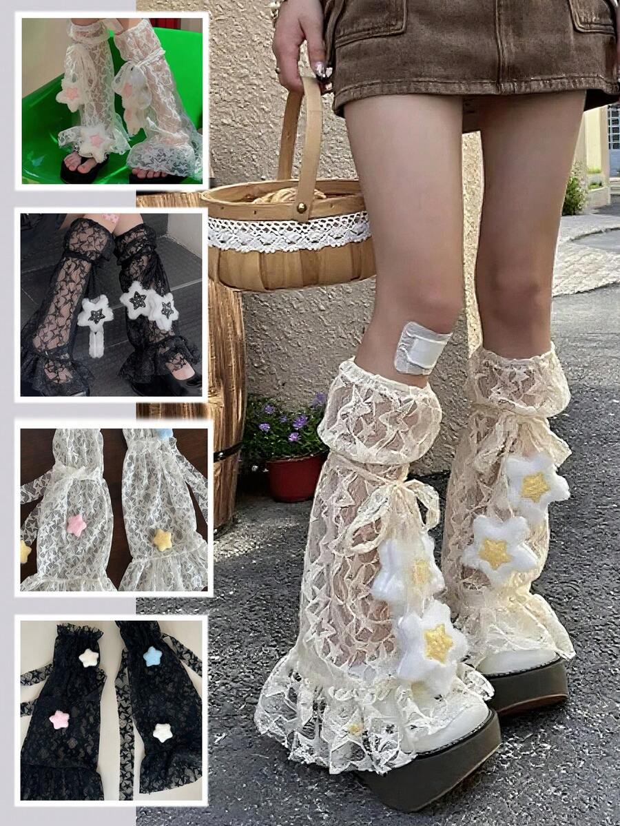 Y2K Lita Sweet Girl Leg Sock Set - Lace Patchwork + Ribbon Design, Thin Over-The-Knee Leg Warmers With Star Trim