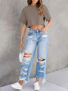 Tankaneo Women Crop-Shirts Half Sleeve Drop Shoulder Cropped Tops Y2K Casual Summer Basic Tees - Coffee - View 5
