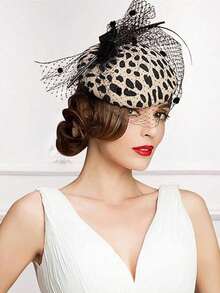 HIMESPORT Leopard Fascinators Pillbox Hat With Veil 100% Australian Wool Felt Wedding Hats Women Elegant Bow Cocktail Fedoras Tea Party Dress Hats