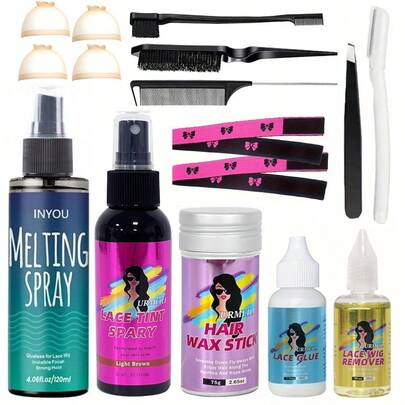 Bộ 16 sản phẩm keo dán tóc giả ren, keo xịt nhuộm tóc ren, xịt nhuộm tóc giả cho tóc giả nữ, bộ dụng cụ nhuộm tóc giả. Bộ dụng cụ lắp tóc giả 16 sản phẩm (que sáp vuốt tóc, keo dán tóc ren, dụng cụ tẩy keo)