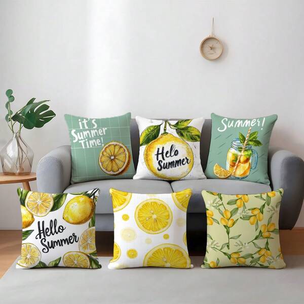 6pcs Summer Lemon Theme Cushion Covers, Made Of Soft Peach Skin Velvet With Single-Sided Printing, 45*45cm Pillow Covers Suitable For Indoor Sofa Decoration, Party Decor, Decorative Cushion Gift