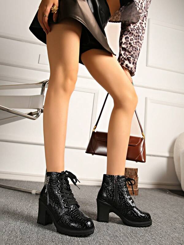 Damskie lakierowane, wiosenne czółenka z grubego obcasa i kwadratowych nosków, modne, wodoodporne, platformowe szpilki z niskim stanem