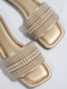 Lujos Sandalias tipo mulas de gran tamaño con puntera cuadrada y adorno de perlas, antideslizantes. Sandalias versátiles de moda para playa y vacaciones para mujeres