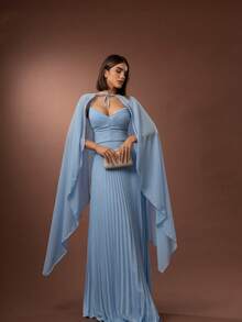 Simple Dress With Removable Cape Knot Pleated Wedding - 藍色 - 查看 1