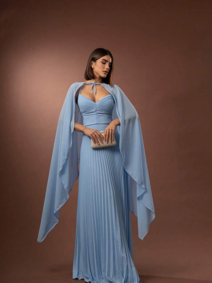 Simple Dress With Removable Cape Knot Pleated Wedding - 藍色 - 查看 1