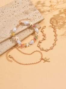 3 pièces/set Style bohème Chaîne faite main couleur or coquillage, mode faux perle pierre colorée pendentif étoile de mer, ensemble de bijoux de cheville pour femmes, convient pour la plage, les vacances, le décontracté, la tenue de rencard
