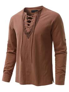 Men's Pirate Medieval Shirt Steampunk Victorian Era Cosplay Costume Renaissance Period Shirt Viking Top - Rust Brown - View 6